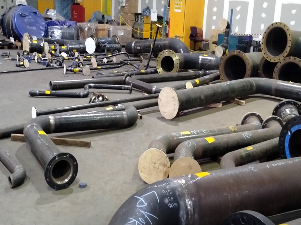 Pipe spools, bends and flanges staged for despatch